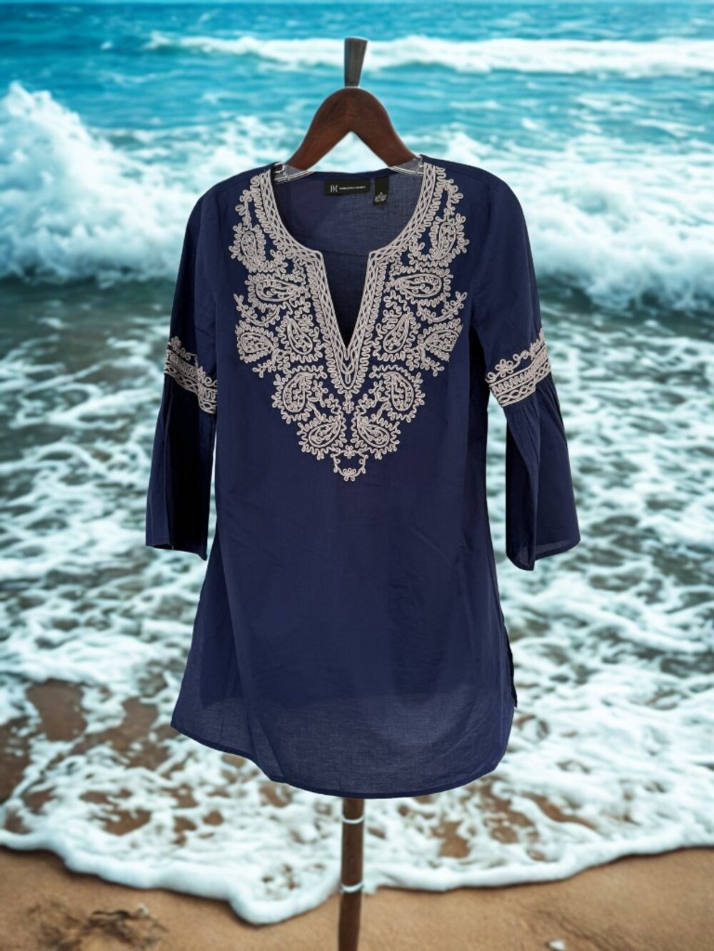 INC International Concepts Embroidered V‑Neck Tunic — Boho Paisley Stitching